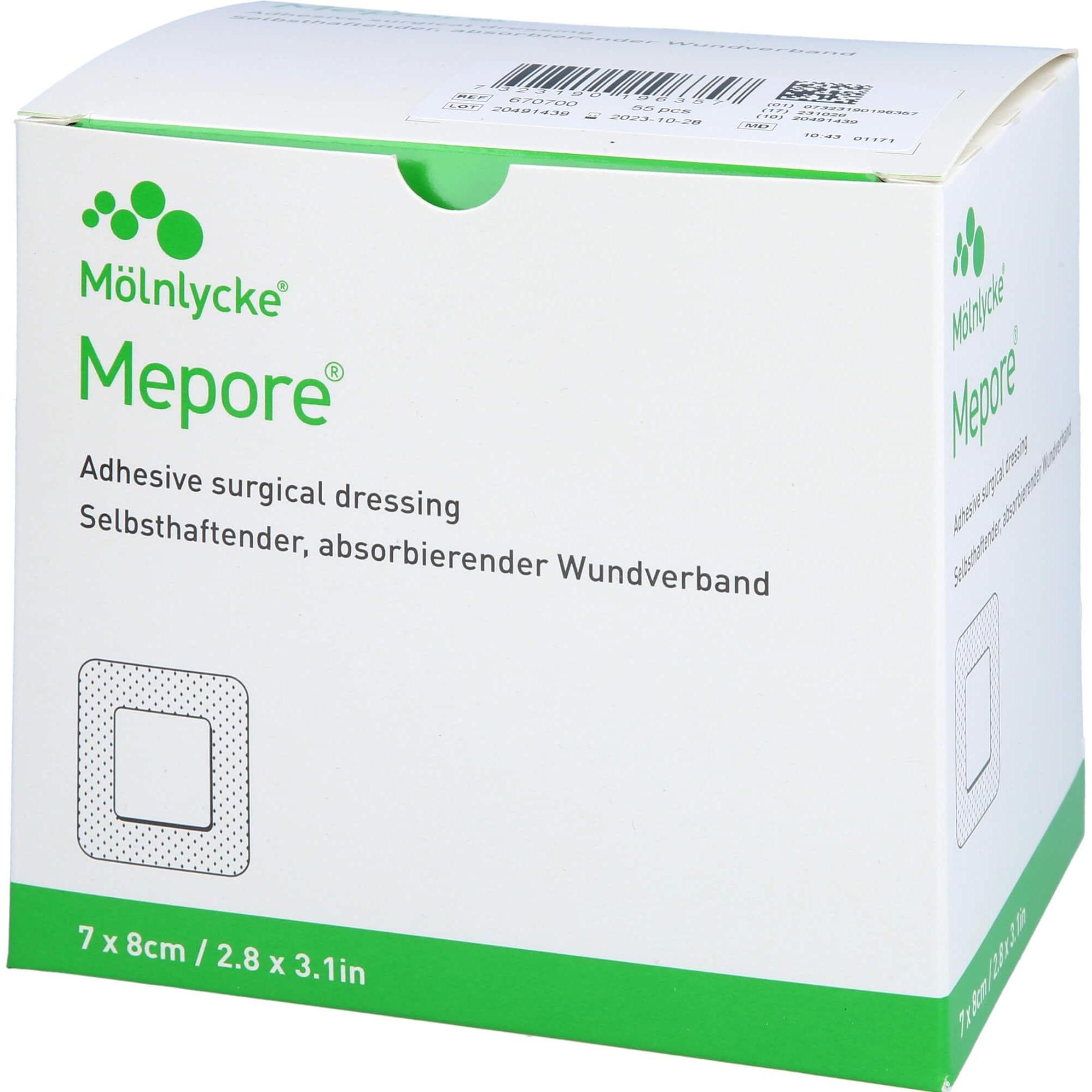 Mölnlycke, Pflaster, Mepore selbsthaftender, absorbierender Wundverband 7 x 8 cm, 55 St. Pflaster (55 x)