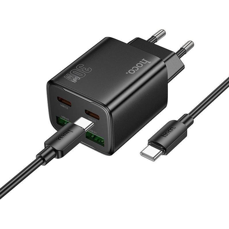 Hoco Adapter charger 2 x Type C + 2 x USB A + cable Type C to Type C PD QC3.0 3A 30W N56 black (30 W), Caricatore USB, Nero