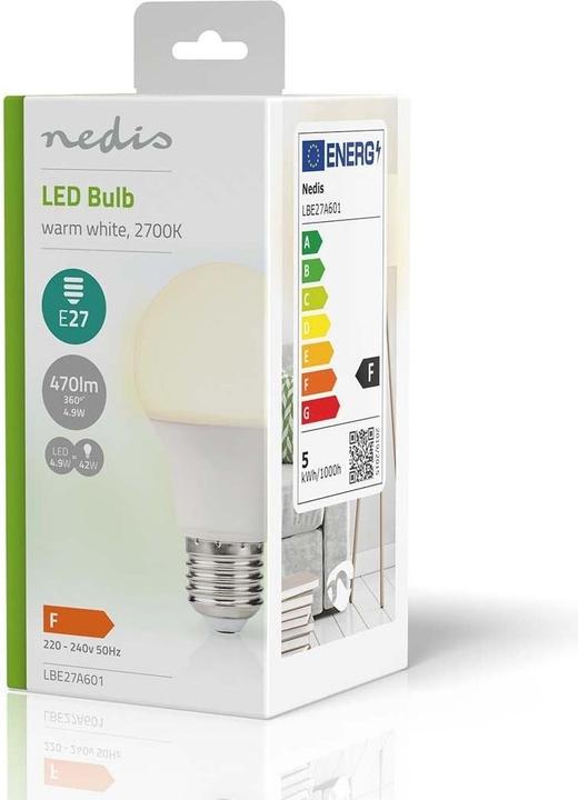 Image du produit Nedis LBE27A601 Lampe LED E27 A60 4.9 W 470 lm 2700 K blanc chaud 1 pièce (E27, 470 lm, 1x)