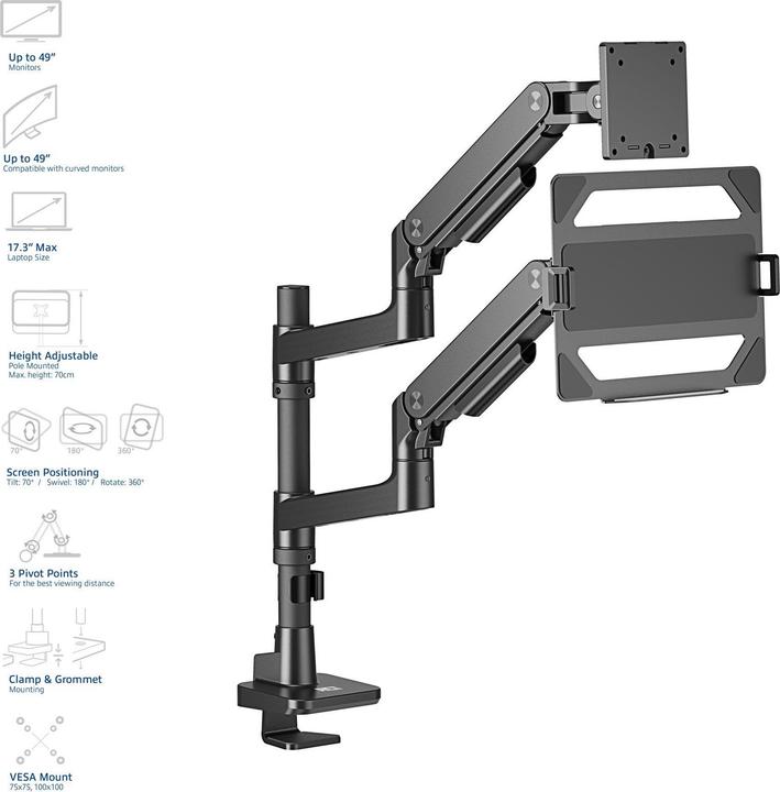 Image du produit ACT Bras simple pour écran et ordinateur portable Office premium, avec vérin à gaz, monté sur pied (Tables, 49", 20 kg)