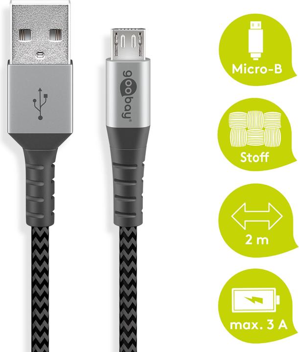 Immagine prodotto Goobay Cavo tessile da micro USB a USB-A con spine in metallo (grigio spazio/argento) 2 m, 2 m, nero-grigio (2 m, USB 2.0)