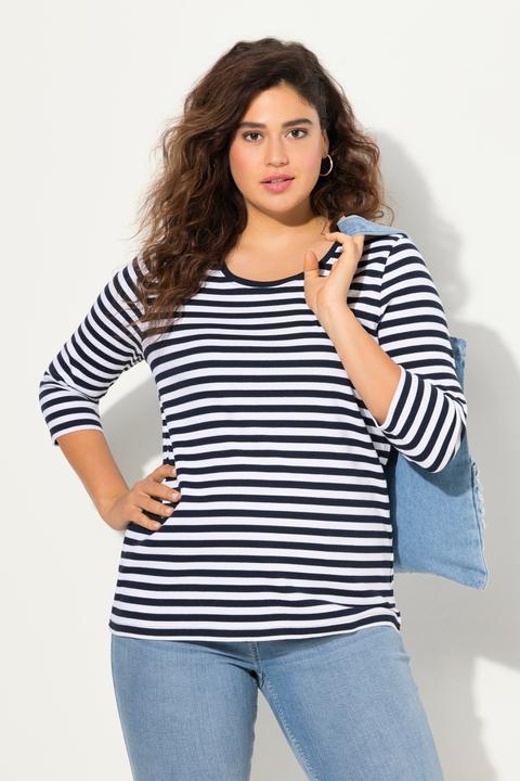Immagine prodotto Ulla Popken Maglia in jersey a costine con righe, scollo a girocollo e maniche a 3/4 (46, 48)