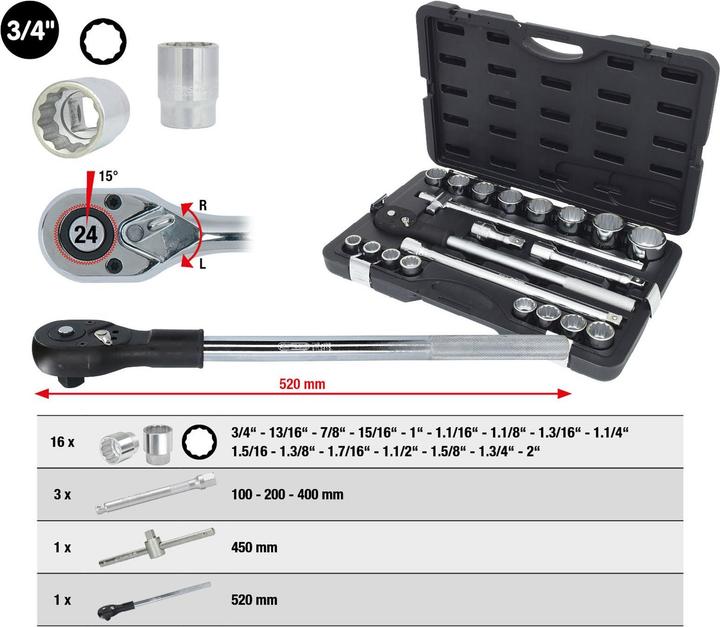 Immagine prodotto KS Tools Set di chiavi a bussola da 1/4", 21 T., esagonali esterne, in pollici, cromate satinate opache (3/4")
