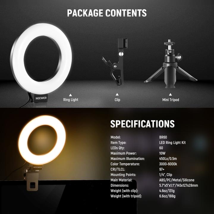 Actual product image Neewer BR60 5" clip-on ring light / desk stand (Ring light)