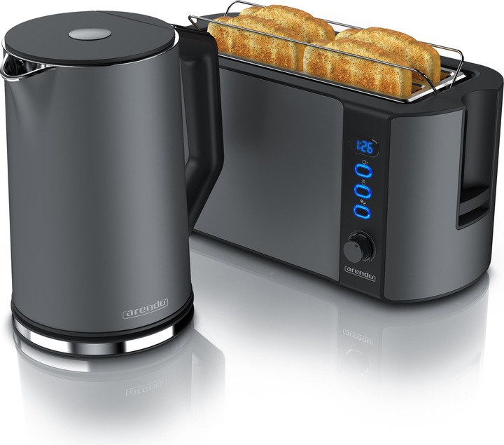 Produktbild Arendo Frühstücks Set, Edelstahl Wasserkocher 1,5l Temperaturwahl & 4 Scheiben Langschlitz Toaster, Grau