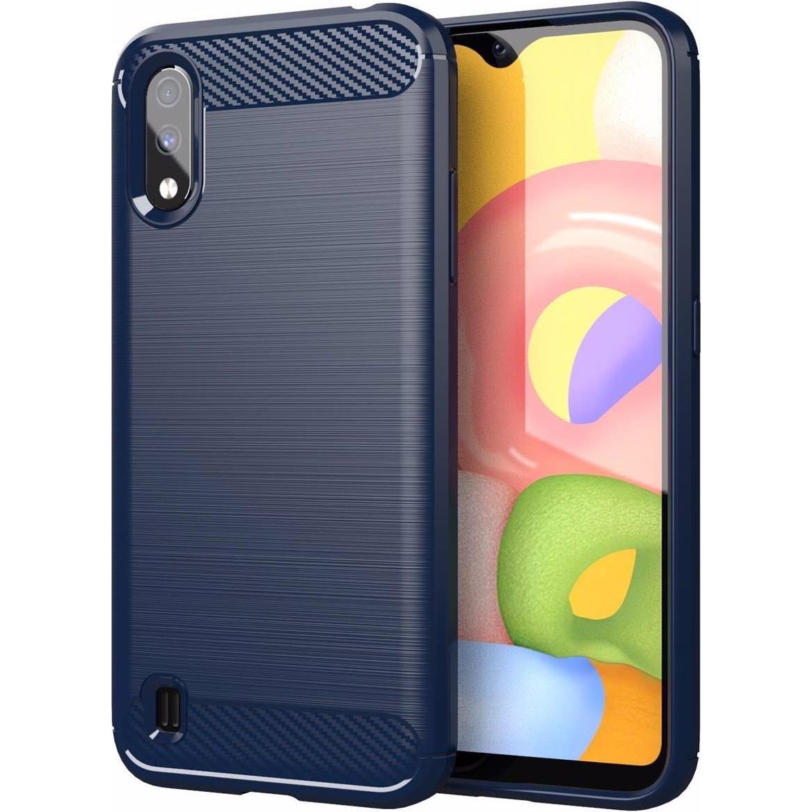 Cadorabo TPU Ultra Slim carbon edelstahl Kombi Cover (Samsung Galaxy A01), Smartphone Hülle, Blau