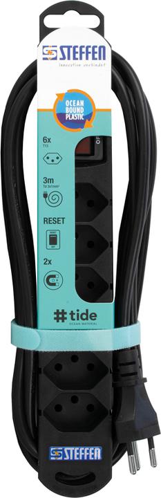 Produktbild Steffen Steckdosenleiste TIDE 6xT13 3m mit Schalter und Haftmagnete sw (6 x, Typ 13)