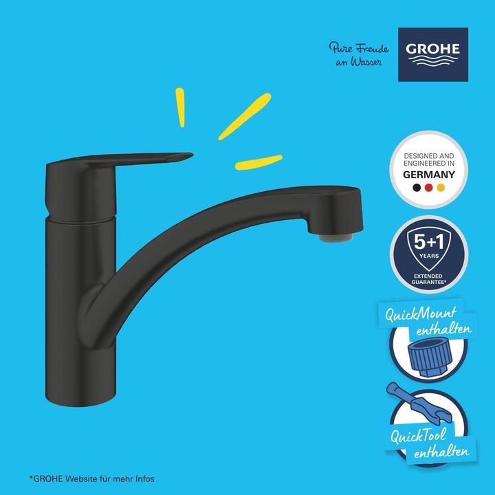 Productafbeelding Grohe Start QuickFix keukenmengkraan, platte uitloop, eenvoudige installatie, draaibaar, mat zwart