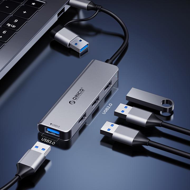 Produktbild Orico USB / USB-C Hub YSA7-U3, 1 x USB-A 3.0 - 4 x USB-A - 2 x USB-C (USB-A, 7 Ports)
