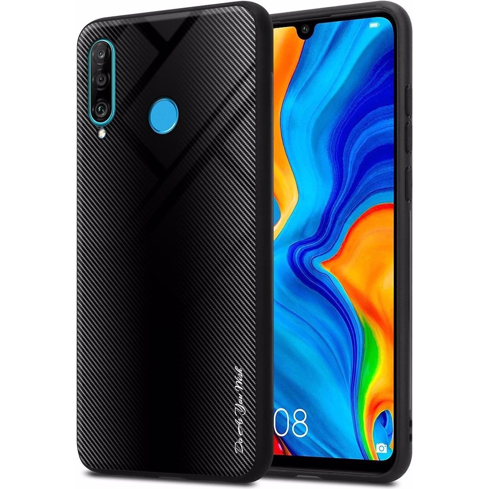 Cadorabo TPU Gestreiftes Glas Cover (Huawei P30 Lite), Smartphone Hülle, Schwarz