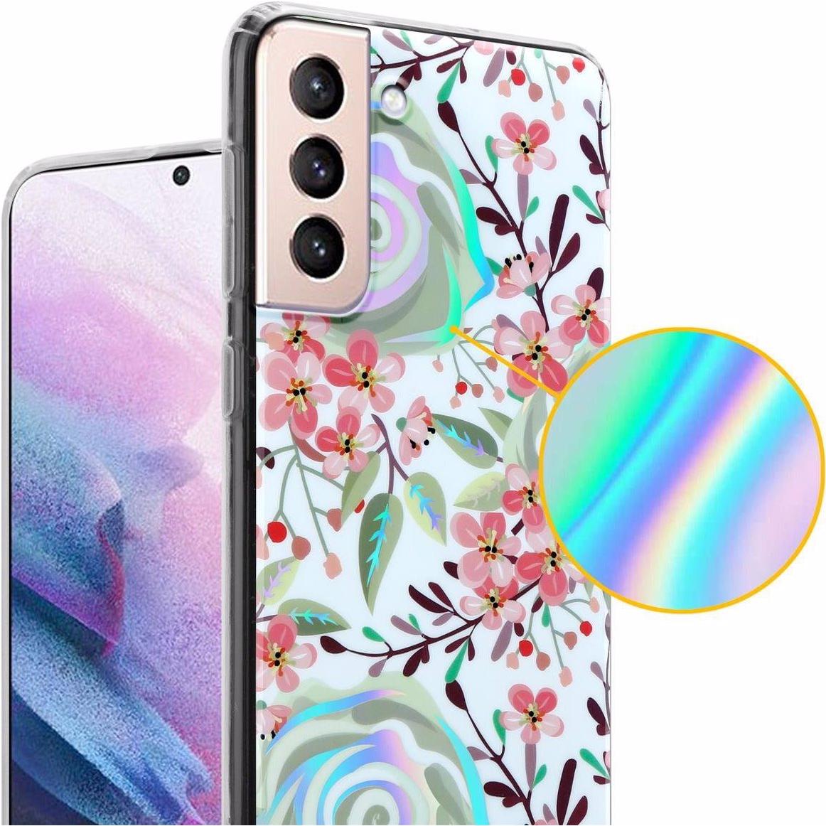 Thumbnail - Cadorabo IMD TPU Bunte Blumen & Blätter Cover (Samsung Galaxy S21+), Smartphone Hülle, Weiss