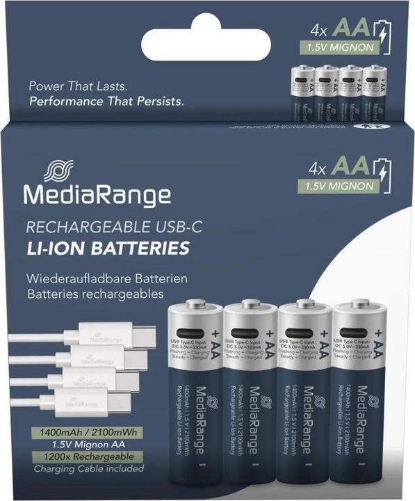 Productafbeelding MediaRange Oplaadbare USB-C (4 Pcs., AA / LR6 / Mignon / R6 / R14505, 1400 mAh)