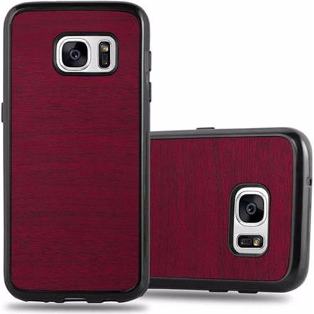 Cadorabo TPU Wooden Cover (Samsung Galaxy S7), Smartphone Hülle, Rot