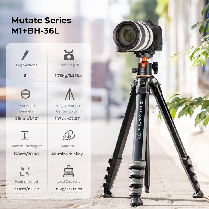 Actual product image K&F Concept M1+BH-36L Magnesium Aluminum Alloy Tripod (Metal)