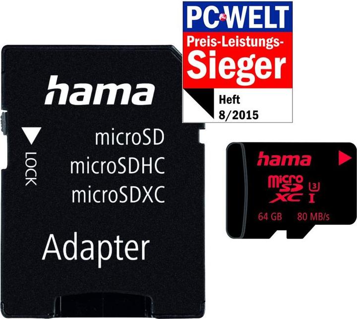 Produktbild Hama microSDXC Class 3 + Adapter (64 GB, microSDXC, U3, UHS-I)
