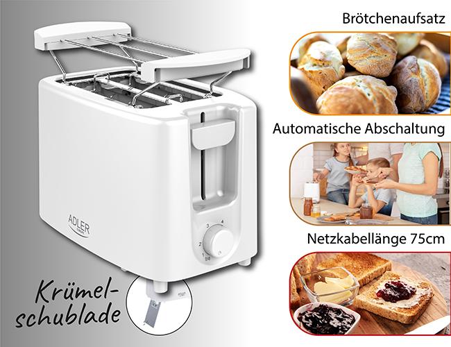 Produktbild Adler Toaster AD 3223 Power 750 W, Number of slots 2, Housing material Plastic, Baltas
