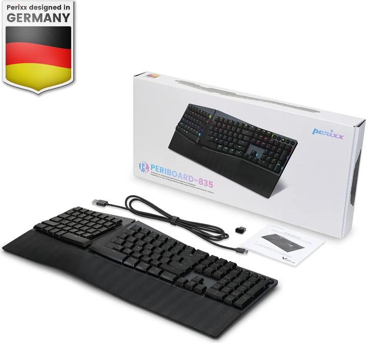 Actual product image Perixx PERIBOARD-835 BR DE, wireless RGB-illuminated ergonomic mechanical keyboard - flat bra (DE, Wireless)