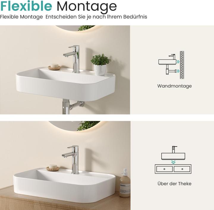 Produktbild Emke Aufsatzwaschbecken Keramik Waschbecken Hängewaschbecken Eckiger Waschtisch Weiss Glänzend 400 x (400 mm, 400 mm)
