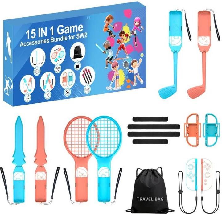 Actual product image Hurtel Nintendo Switch 15-in-1 Familien-Zubehörpaket 2 – Orange-Blaues Set (Switch 2)