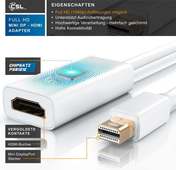 Produktbild CSL Mini DisplayPort zu HDMI Adapter, Full HD MiniDP zu HDMI Buchse Konverter / Adapterkabel - 0,15m (HDMI, 10 cm)