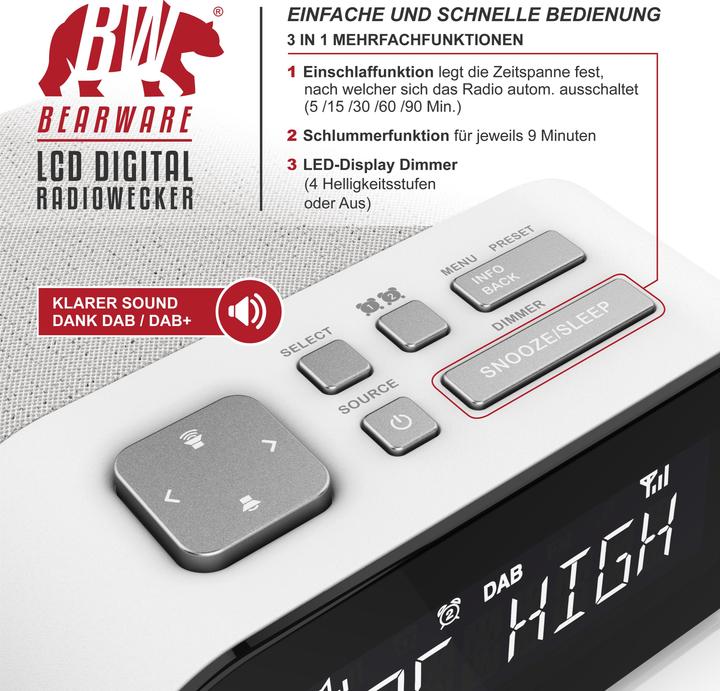 Actual product image Bearware Radiowecker digital, DAB+ Radio, Wecker, Alarm & Snooze, 4 Helligkeitsstufen, USB Ladeport