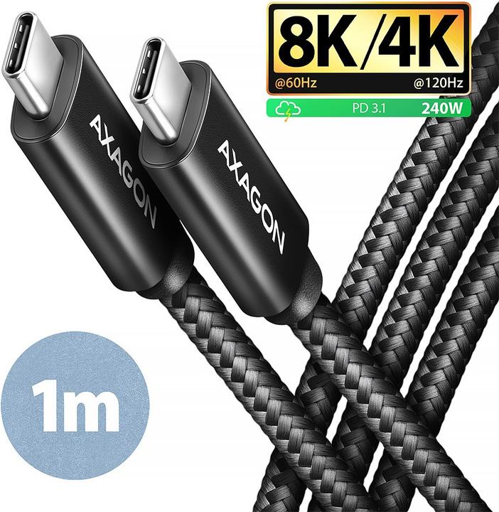 Actual product image Axagon BUCM4X-CM10AB Cable USB-C - USB-C, USB4 Gen 3x2 1m, PD 240W, 8K HD, ALU, oplot Czarny (1 m, USB 3.2 Gen 2x2, 240 W)
