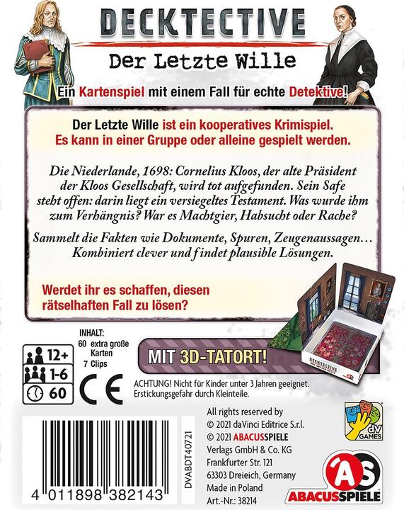 Immagine prodotto Abacus ABA38214 - Decktective - Der letzte Wille, gioco di carte, per 1-6 giocatori, età 12+ (edizione DE) (Tedesco)