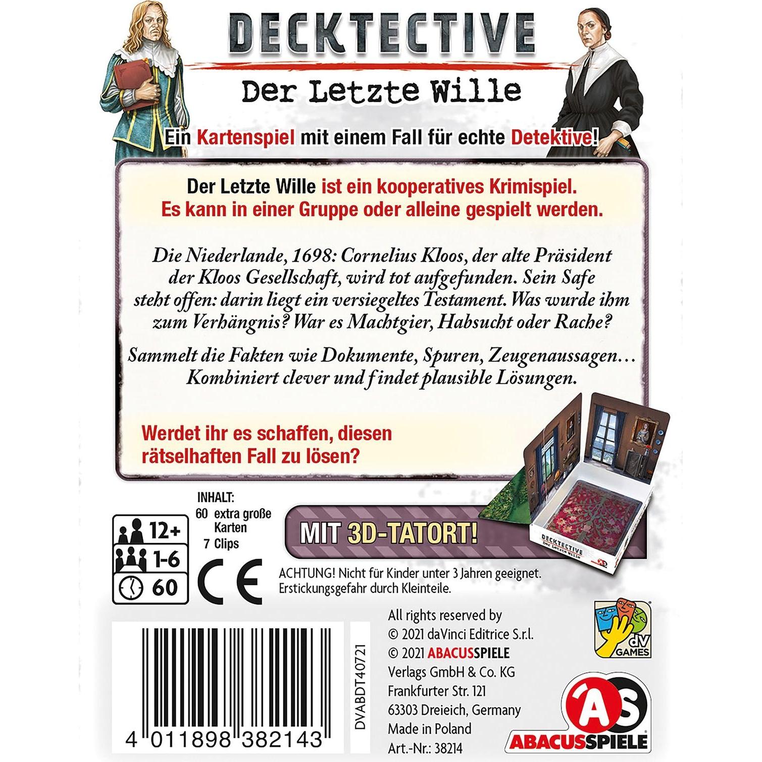 Thumbnail - Abacus ABA38214 - Decktective – Der Letzte Wille, Kartenspiel, für 1-6 Spieler, ab 12 Jahren (DE-Ausgabe) (Deutsch)
