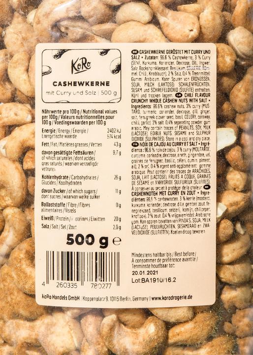 Valori nutrizionali e ingredienti KoRo Anacardi arrostiti con curry e sale (500 g)