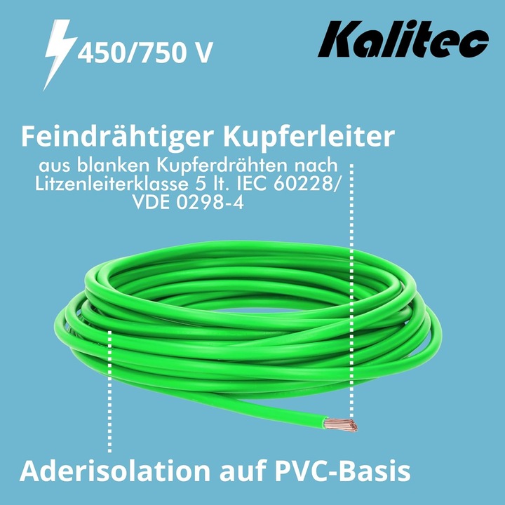 Produktbild Kalitec 10 Meter H07V-K 1,5 mm² grün Verdrahtungsleitung I Aderleitung flexibel I PVC Einzelader I L