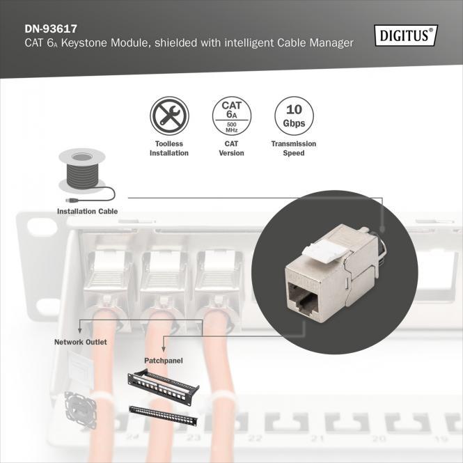 Productafbeelding Digitus CAT 6A keystone module, afgeschermd met intelligente kabelmanager (Schakelpaneel)