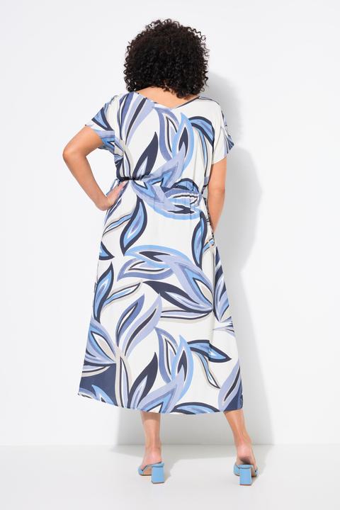 Image du produit Ulla Popken Robe maxi motif feuilles, cordon de serrage sous tunnel, manches courtes et décolleté en V (46, 48)