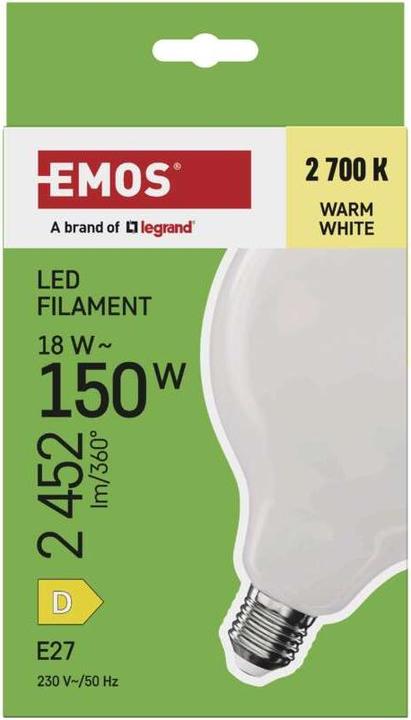 Actual product image Emos LED filament lamp G125 / E27 / 18 W (150 W) / 2452 lm / Warm white (E27, 2452 lm, 1x)