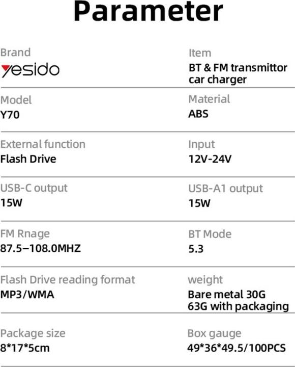 Nährwerte und Zutaten Yesido Bluetooth & FM Transmitter Autoladegerät 2x USB-A/1x USB-C - Schwarz