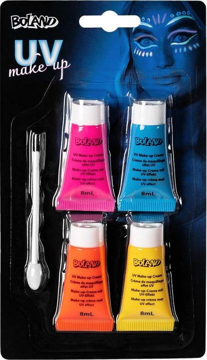 Boland Schminkset UV neon 4 Tubes Creme-Schminke auf Wasserbasiss, 1 Apllikator