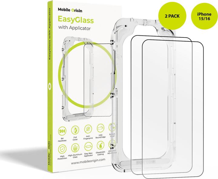 Mobile Origin EasyGlass with Applicator iPhone 15/16, 2 pack (2 Stk., Apple iPhone 15, Apple iPhone 16)