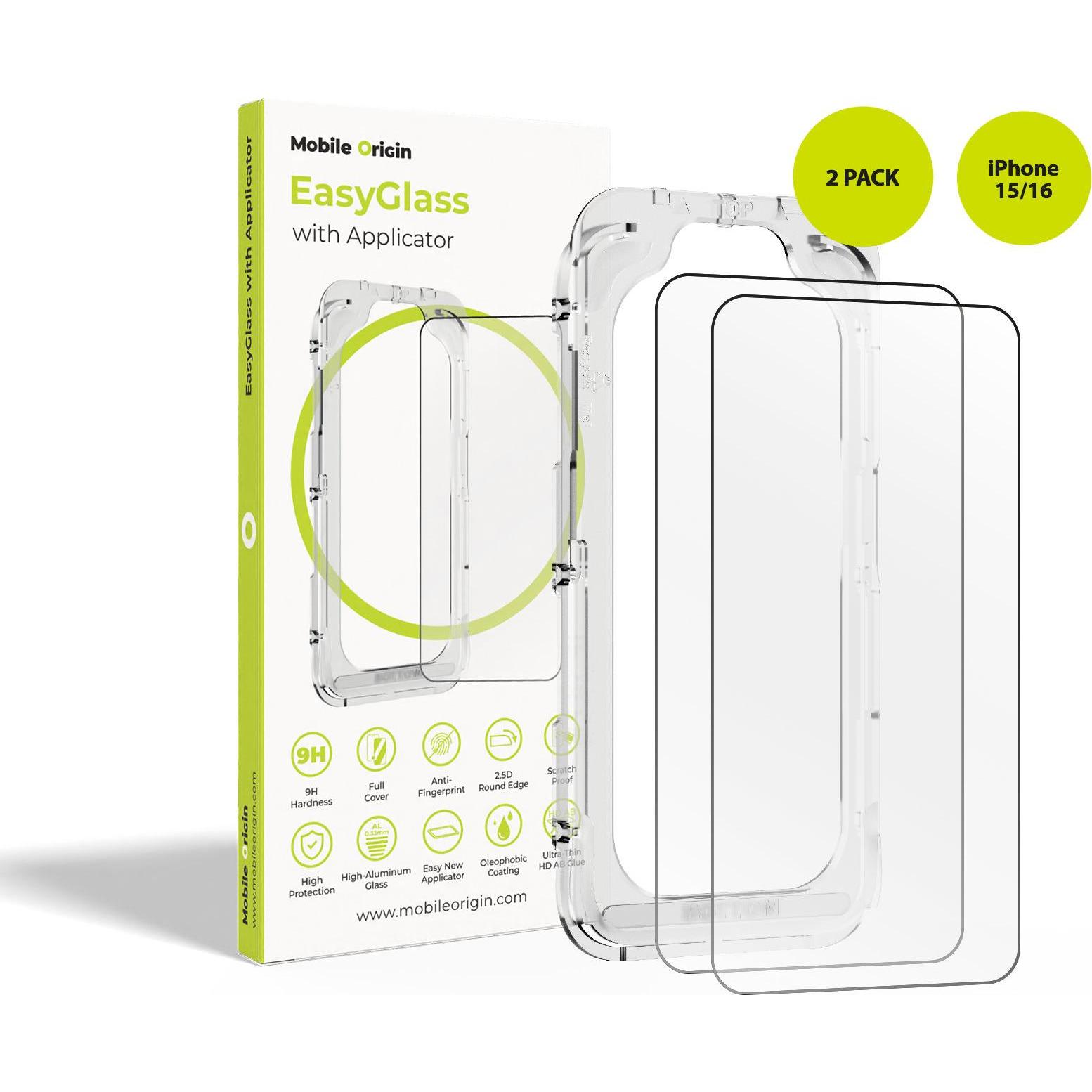 Mobile Origin EasyGlass with Applicator iPhone 15/16, 2 pack (2 pz., Apple iPhone 15, Apple iPhone 16), Pellicola protettiva smartphone