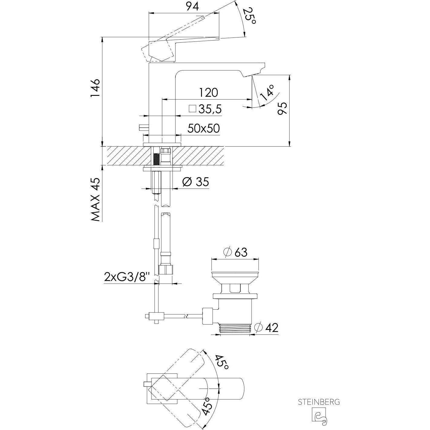 Steinberg, Badarmatur, Serie 342 Waschtischmischer, mit Ablaufgarnitur, Ausladung 120mm
