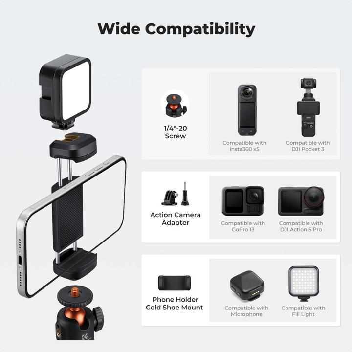 Image du produit K&F Concept MS-62 65cm Selfie Stick (Mid Size), Phone Holder, Action Cam. Adapter, 1/4"-20 Screw