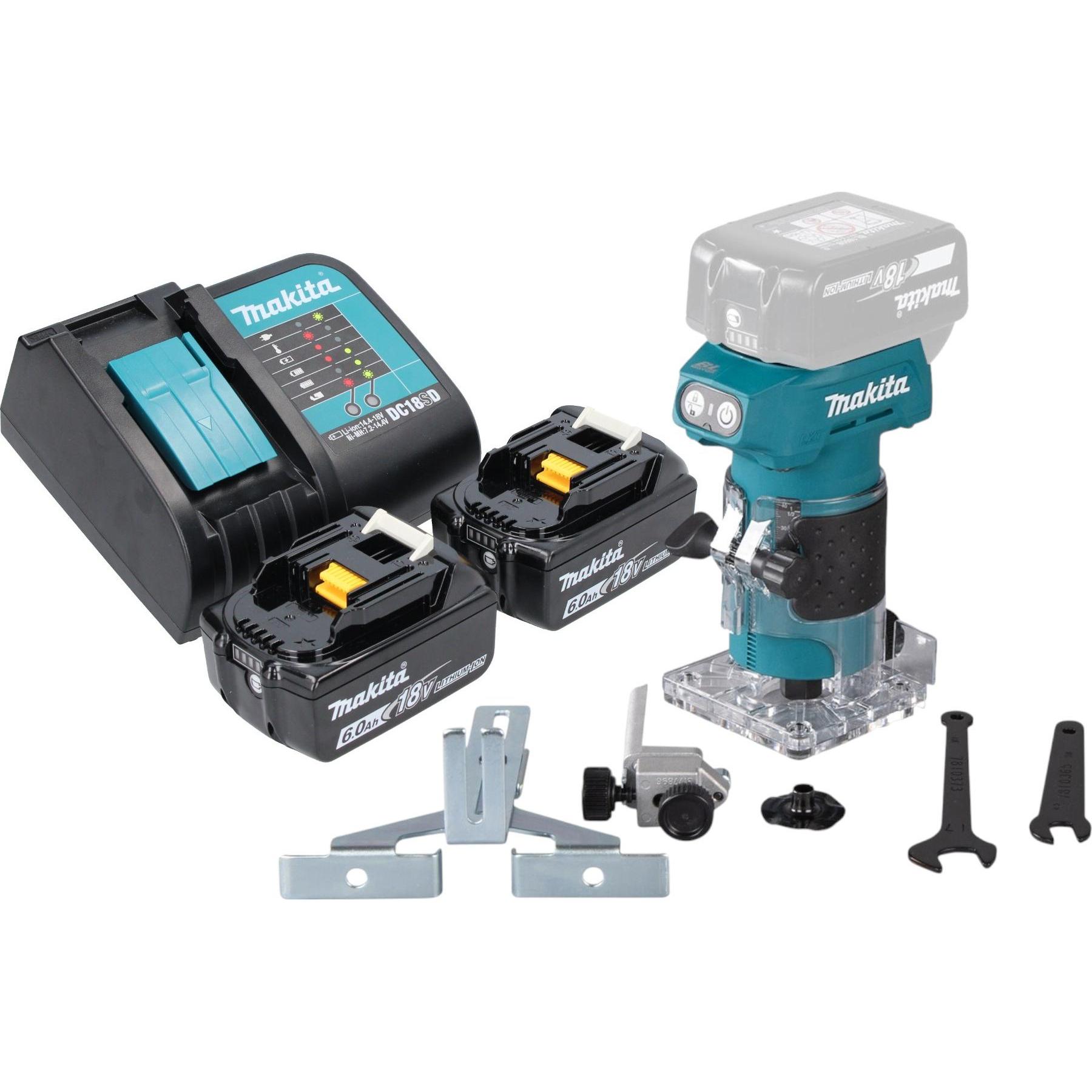 Makita, Fräse, DRT 52 SG Akku Kantenfräse 18 V 6 mm Brushless + 2x Akku 6,0 Ah + Ladegerät