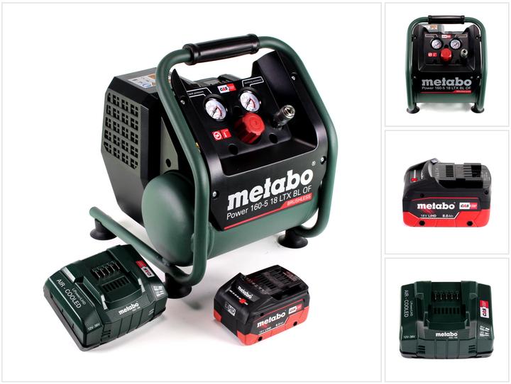 1x Metabo Power 160-5 18 LTX BL OF Akku-Kompressor, 1x Metabo LiHD 8,0 Ah Akkupack (625369000), 1x Metabo ASC 145 Ladegerät (627378000), 1x Universal-Schnellkupplung