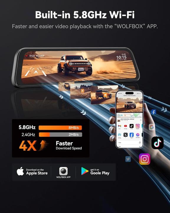 Actual product image Wolfbox G840S 1296P Mirror Dashcam with Rear View Camera