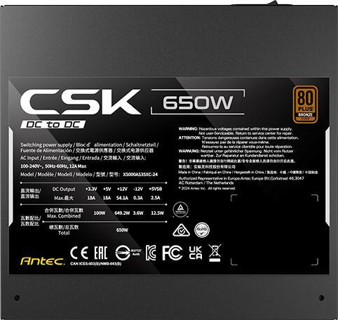 Image du produit Antec 650W CSK650DC EC 80+ BRONZE ATX (650 W)