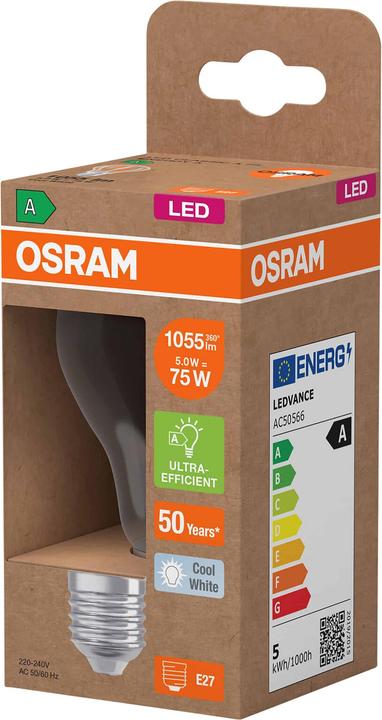 Actual product image Osram LED lamp highest efficiency class A Filament CLASSIC 5W 840 clear E27 1055lm 4000K neutral white (E27, 1055 lm, 6x)