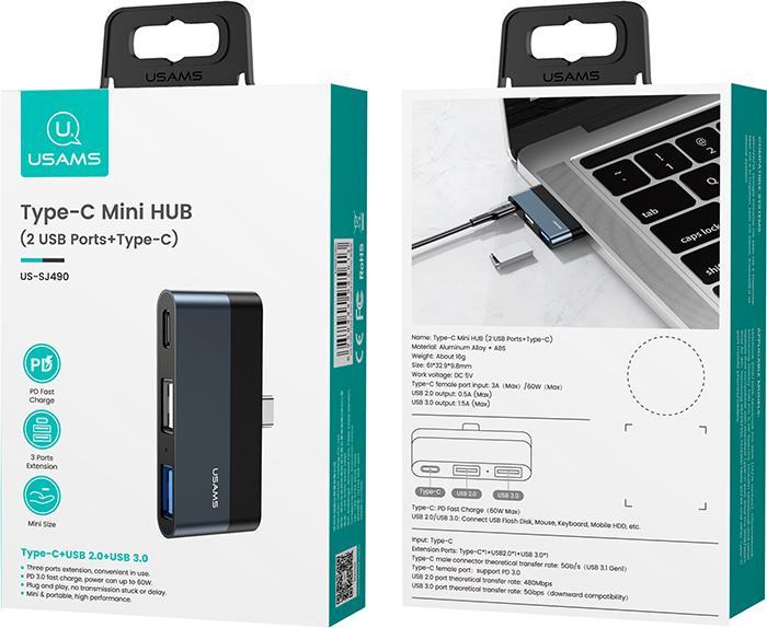 Produktbild Usams Adapter HUB USB 2.0USB 3.0USB-C szarygrey SJ490HUB01 US-SJ490 (USB-C, 4 Ports)