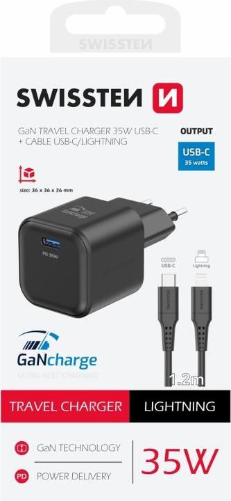 Produktbild Swissten Travel Charger Gan 1X USB-C 35W Power Delivery Black + Data Cable USB-C/Lightning 1,2M Black (1 -teilig)