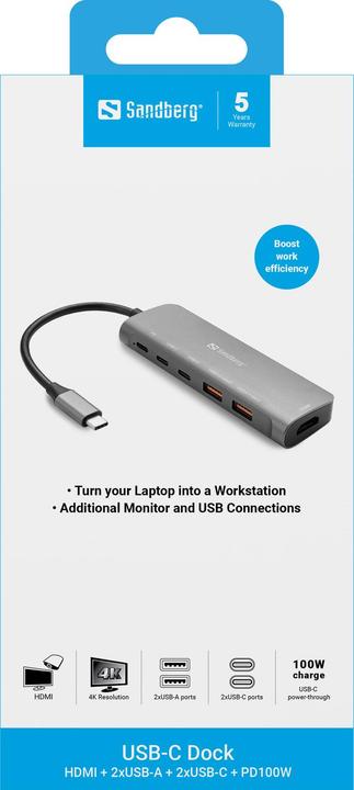 Actual product image Sandberg USB-C Dock HDMI+2xA+2xC+PD100W (USB-C, 5 ports)