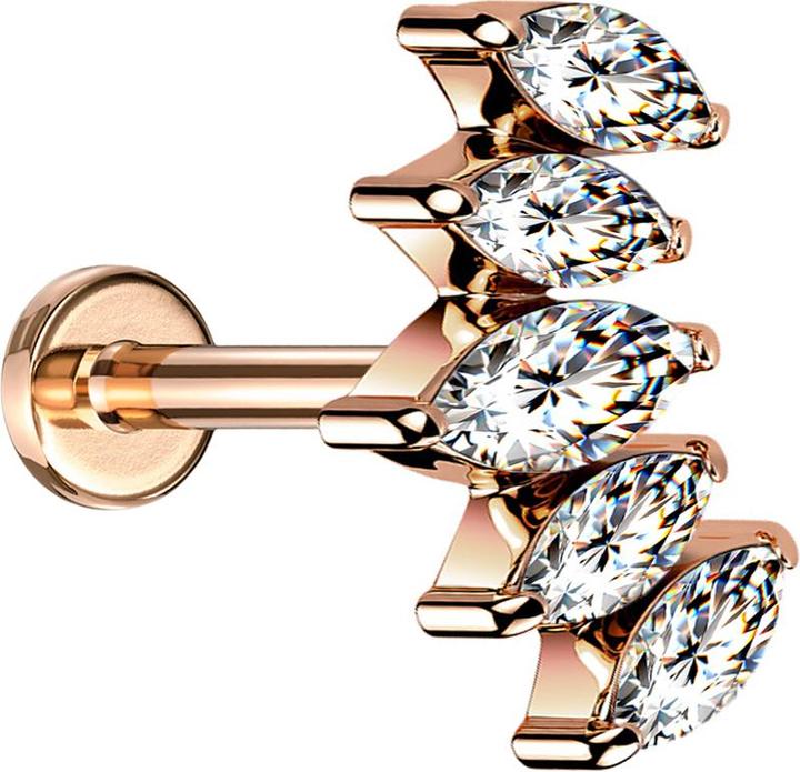 Actual product image Star Piercing Micro Labret internal thread rose gold fan with five crystals silver (without brass, Surgical steel 316L)