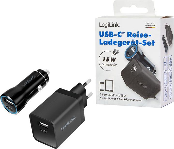 Produktbild LogiLink USB-Ladeadapter-Set, Auto & AC, USB-C/F + USB-A/F, 5 V/15 W, schwarz
