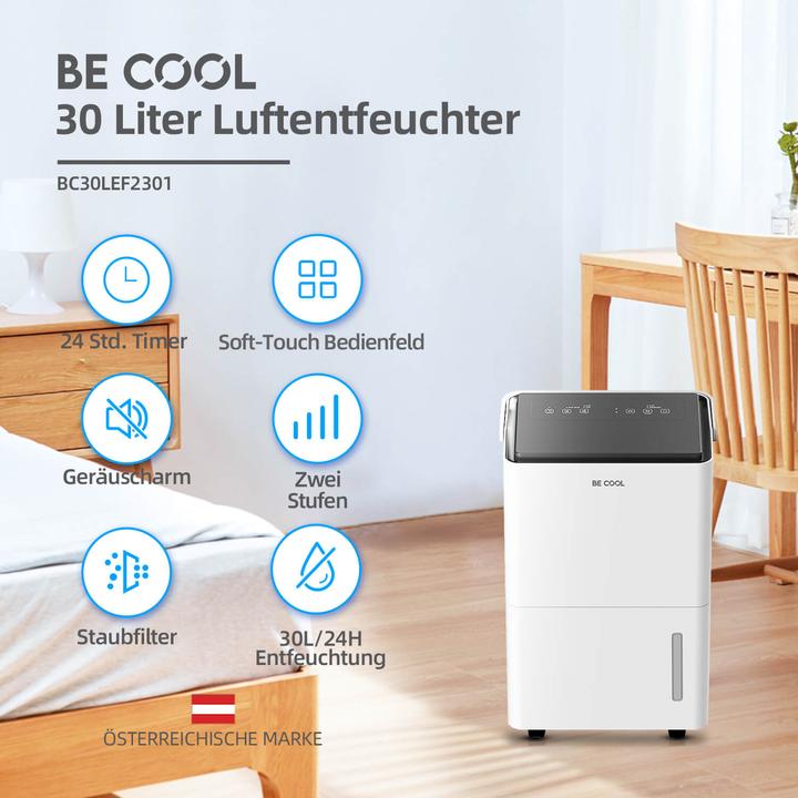 Productafbeelding Be Cool BC30LEF2301 Luftentfeuchter 25m² 600W 30 l/Tag Weiss, Grau (25 m², 30 l/24h)